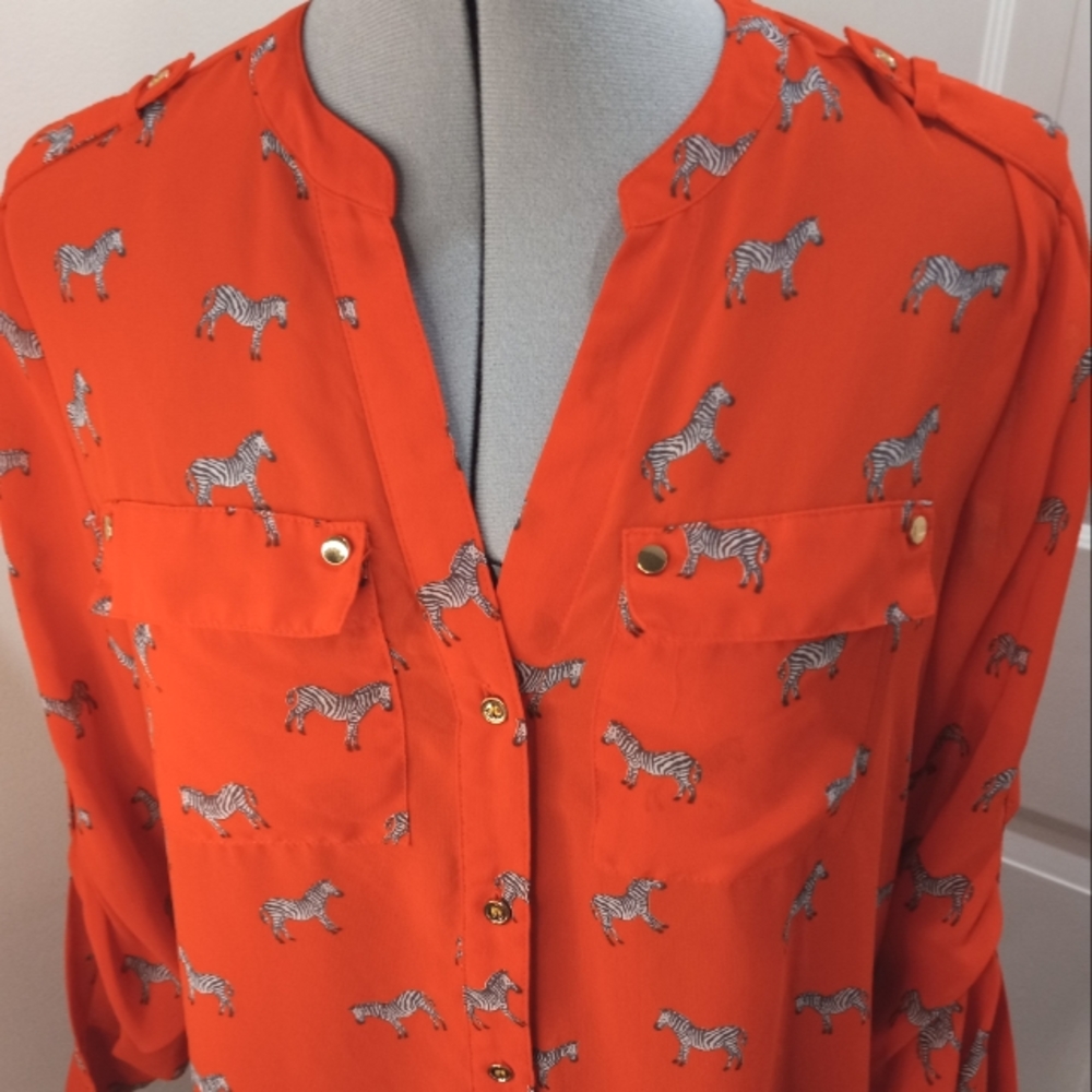 Charter Club Red Polyester Crepe Blouse W/ Zebras, Button Down Size Small